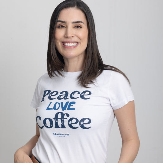 Camiseta Feminina Branco Peace Love Coffee