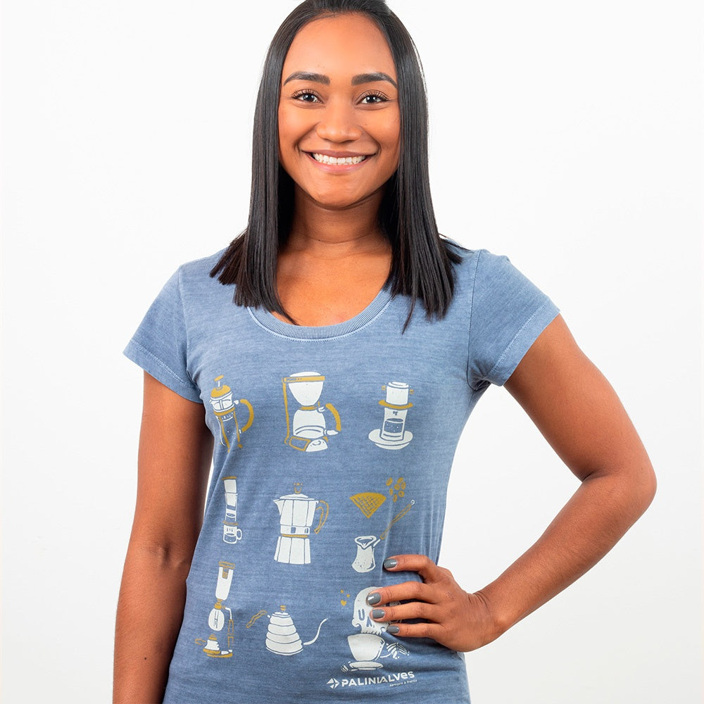 Camiseta Feminina Azul Tipos Café