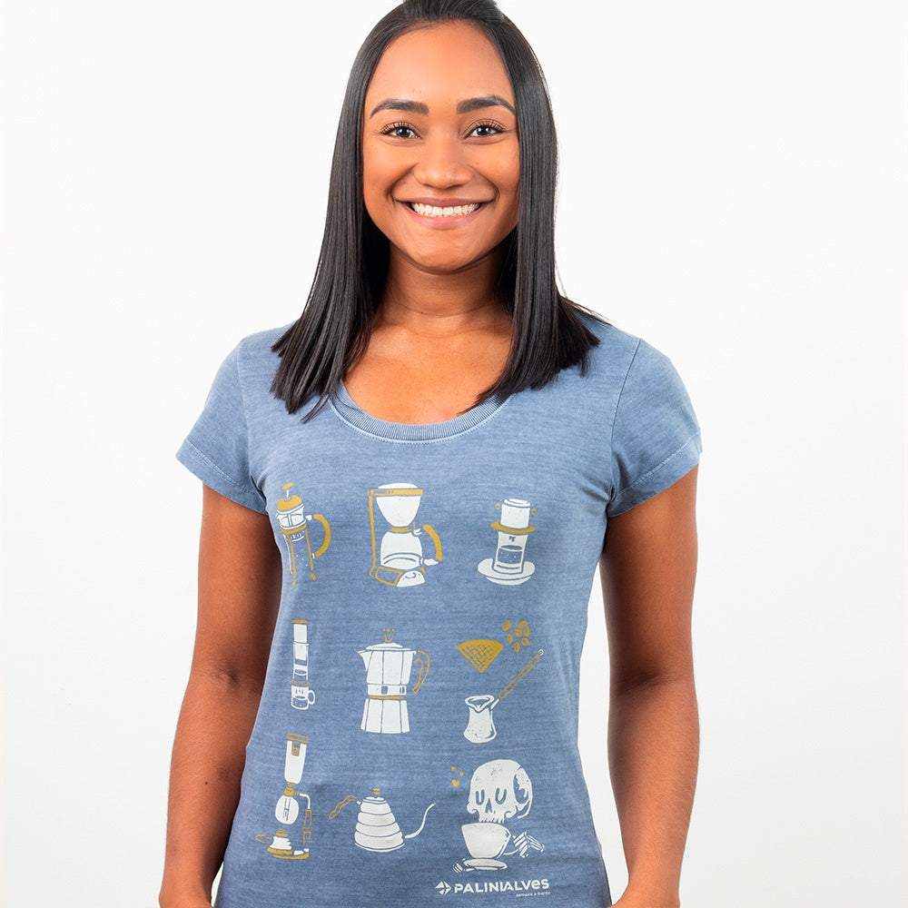 Camiseta Feminina Azul Tipos Café