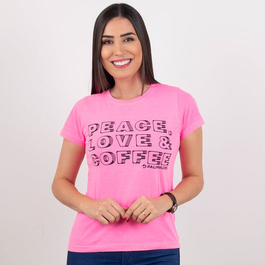 Camiseta Feminina Rosa Peace, Love & Coffee